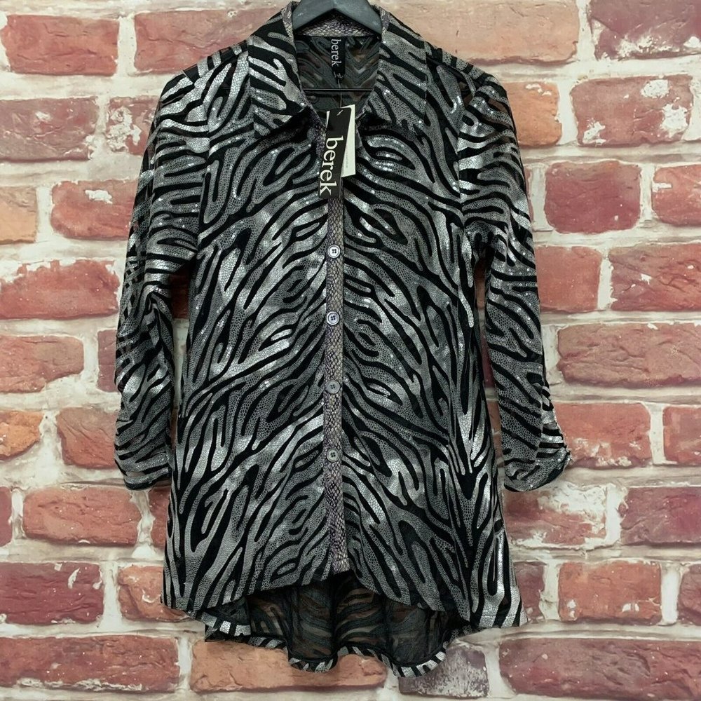 BEREK TOP WOMEN'S SMALL BLACK SILVER METALLIC SEQUIN ZEBRA EVENING BURNOUT SHIRT